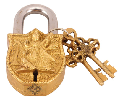 Pure Brass Saraswati Ji Design Big Lock with 2 Keys