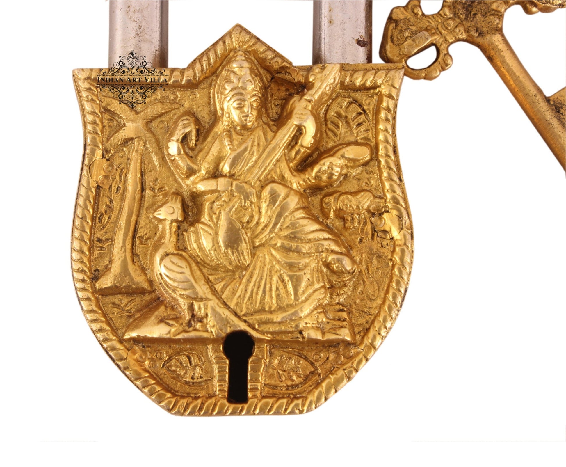 Pure Brass Saraswati Ji Design Big Lock with 2 Keys
