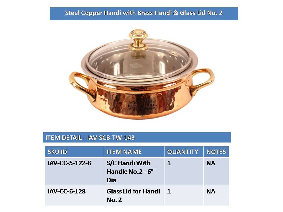 Pure Steel Copper Handi with Glass Lid & Brass Handle