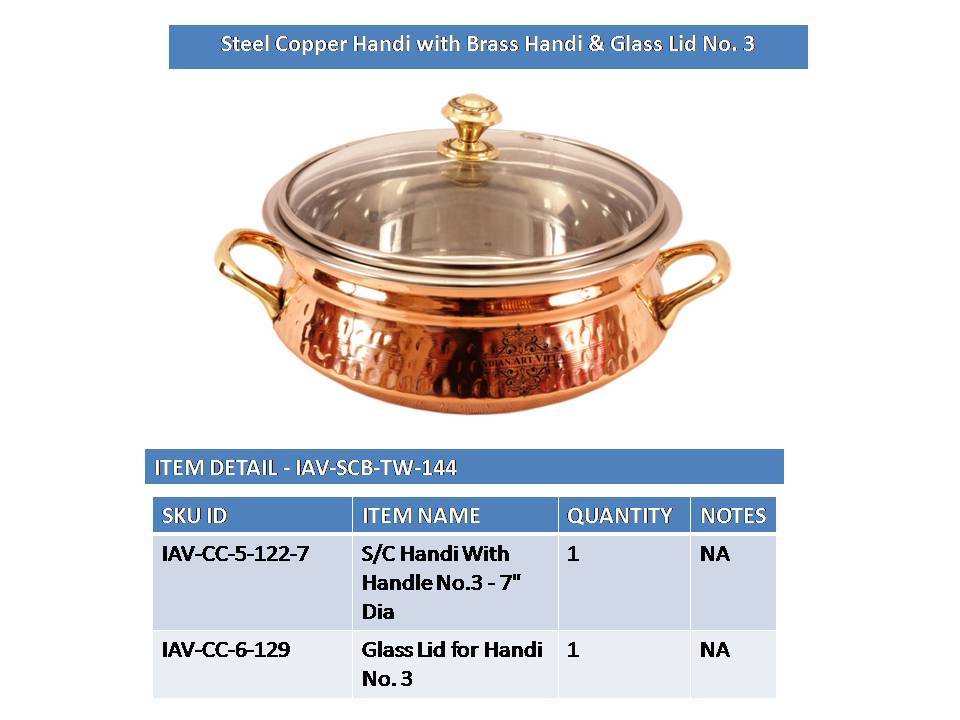 Pure Steel Copper Handi with Glass Lid & Brass Handle