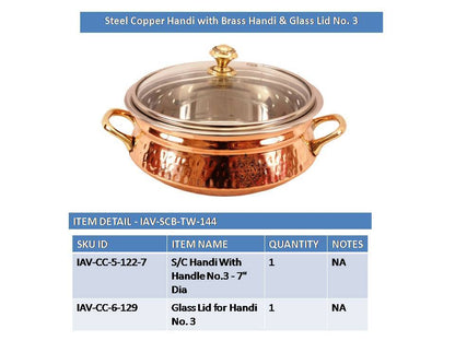 Pure Steel Copper Handi with Glass Lid & Brass Handle