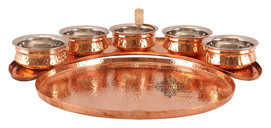 Handmade Pure Copper Maharaja Style Full Moon Tray Plate with 5 Serving Sauce Pots