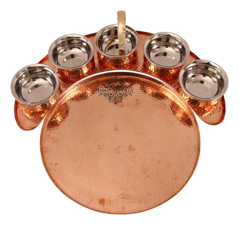 Handmade Pure Copper Maharaja Style Full Moon Tray Plate with 5 Serving Sauce Pots
