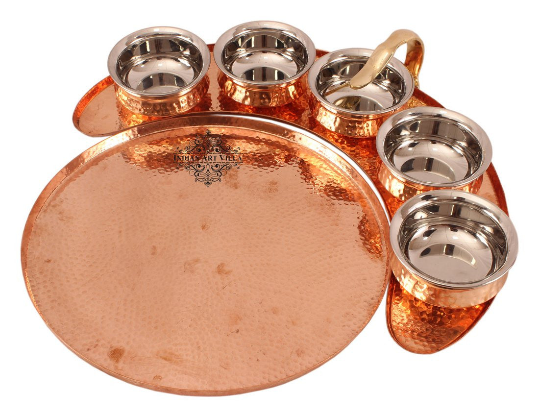 Handmade Pure Copper Maharaja Style Full Moon Tray Plate with 5 Serving Sauce Pots