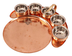Handmade Pure Copper Maharaja Style Full Moon Tray Plate with 5 Serving Sauce Pots