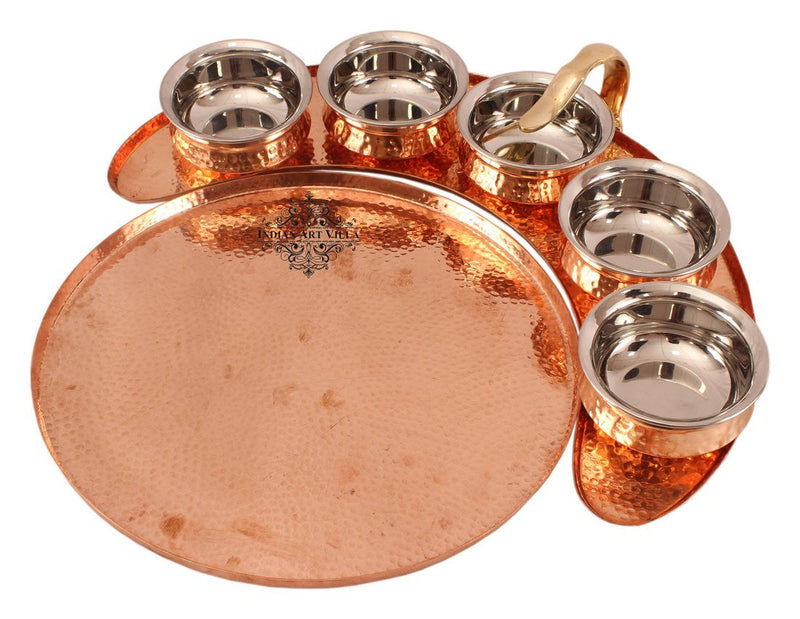 Handmade Pure Copper Maharaja Style Full Moon Tray Plate with 5 Serving Sauce Pots
