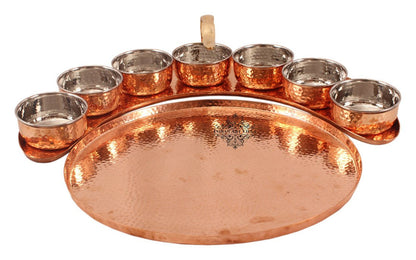 Pure Copper Maharaja Style Full Moon Tray Plate with 7 Hammered Serving Bowl