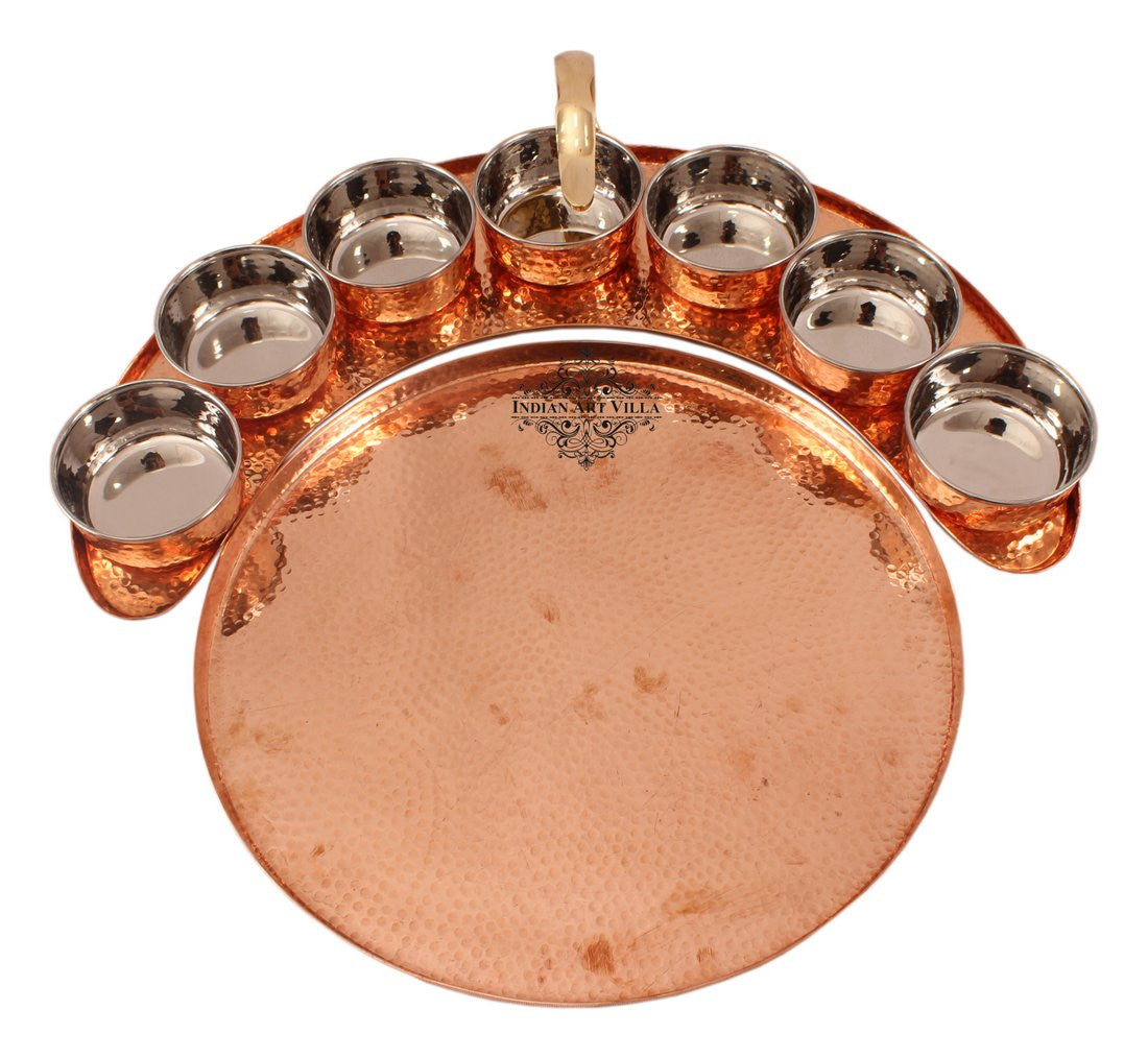 Pure Copper Maharaja Style Full Moon Tray Plate with 7 Hammered Serving Bowl