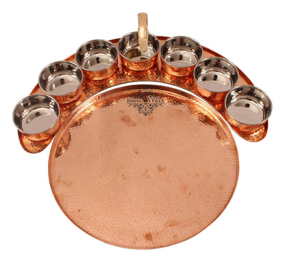 Pure Copper Maharaja Style Full Moon Tray Plate with 7 Hammered Serving Bowl