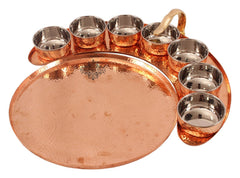 Pure Copper Maharaja Style Full Moon Tray Plate with 7 Hammered Serving Bowl