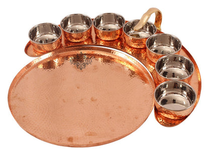 Pure Copper Maharaja Style Full Moon Tray Plate with 7 Hammered Serving Bowl