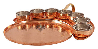 Pure Copper Maharaja Style Full Moon Tray Plate with 7 Hammered Serving Bowl