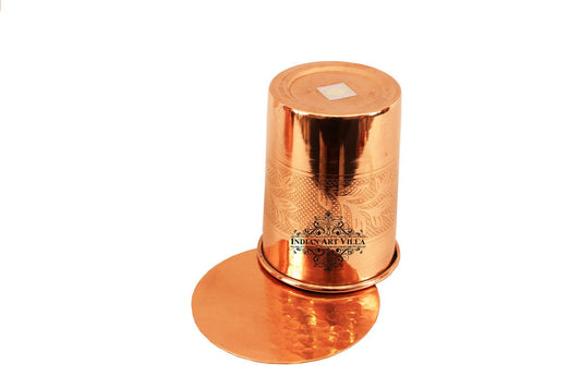 Pure Copper Embossed Design Glass Tumbler with Coaster 300 ML