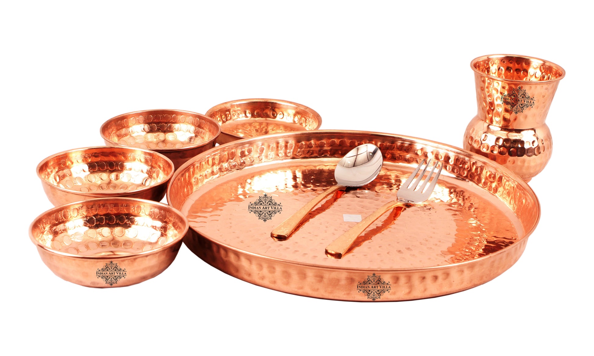 Handcrafted Pure Copper Hammered Traditional Design Thali Dinner Thali Set, 8 Pieces Set