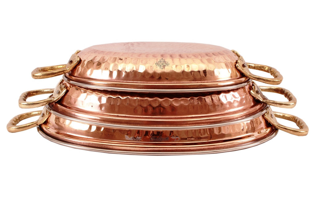 Steel Copper Set of 3 Oval Serving Platter Plate with Brass Handle