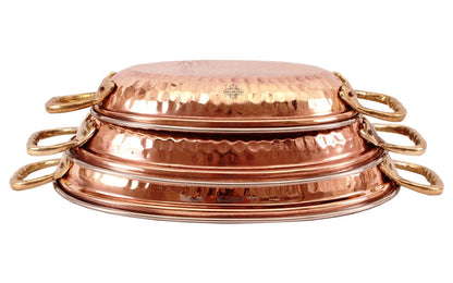 Steel Copper Set of 3 Oval Serving Platter Plate with Brass Handle