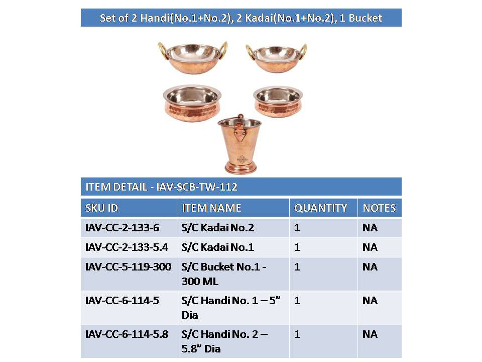 Handmade Pure Steel Copper 2 Kadhai 2 Handi 1 Bucket Serving Set