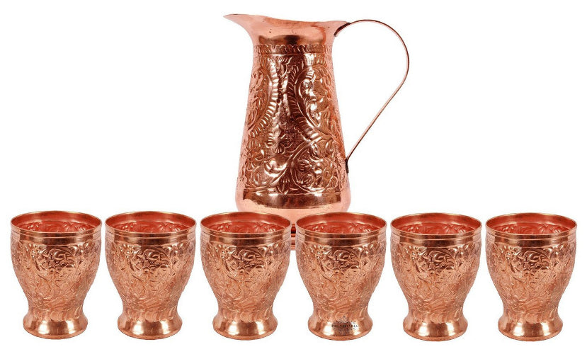 Pure Copper Handmade Floral Design Jug Pitcher 1300 ML with 6 Glass Tumbler 350 ML (7 Pieces)