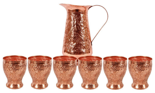Pure Copper Handmade Floral Design Jug Pitcher 1300 ML with 6 Glass Tumbler 350 ML (7 Pieces)