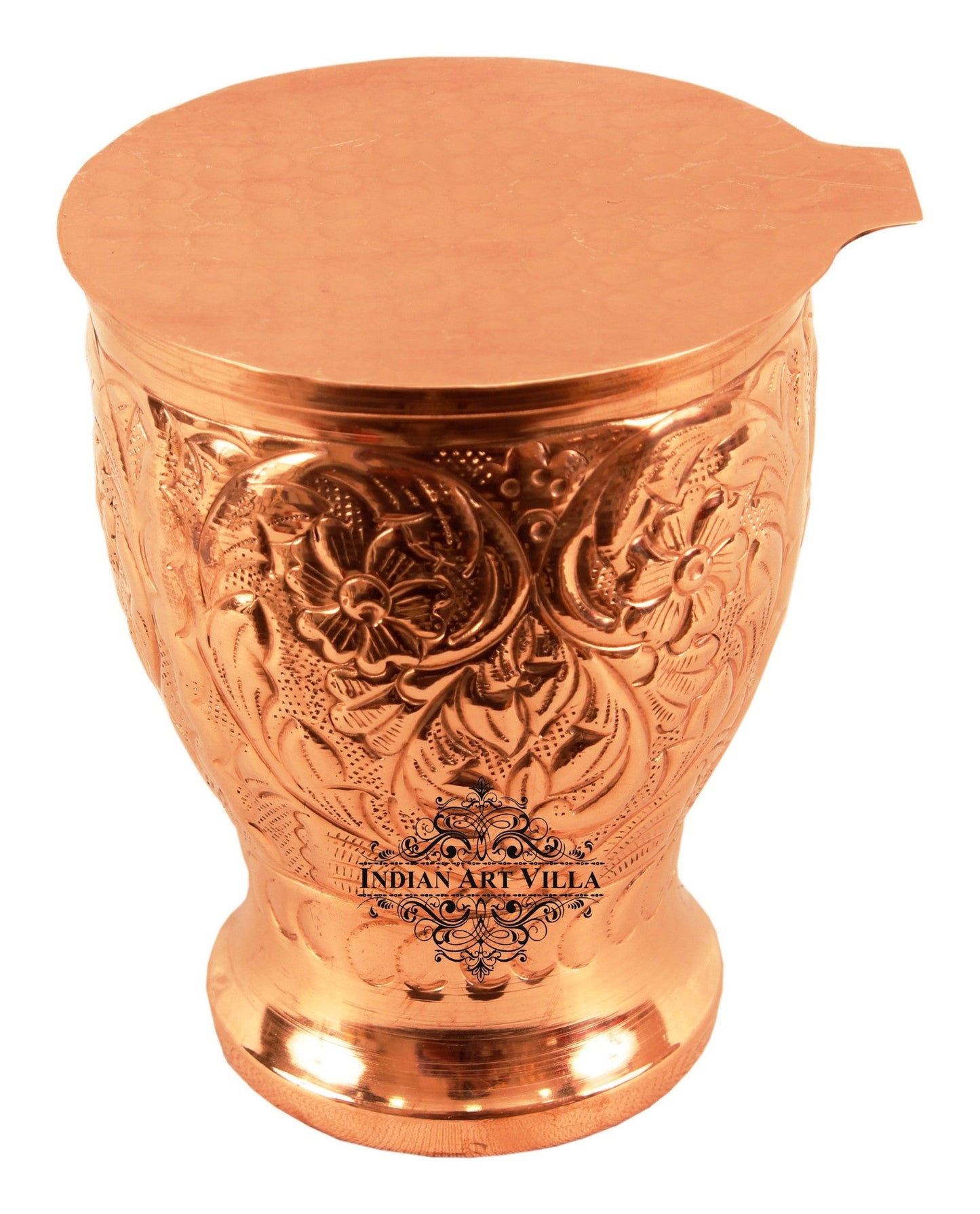 Copper Handmade Engraved Flower Design Glass with Coaster 350 ML