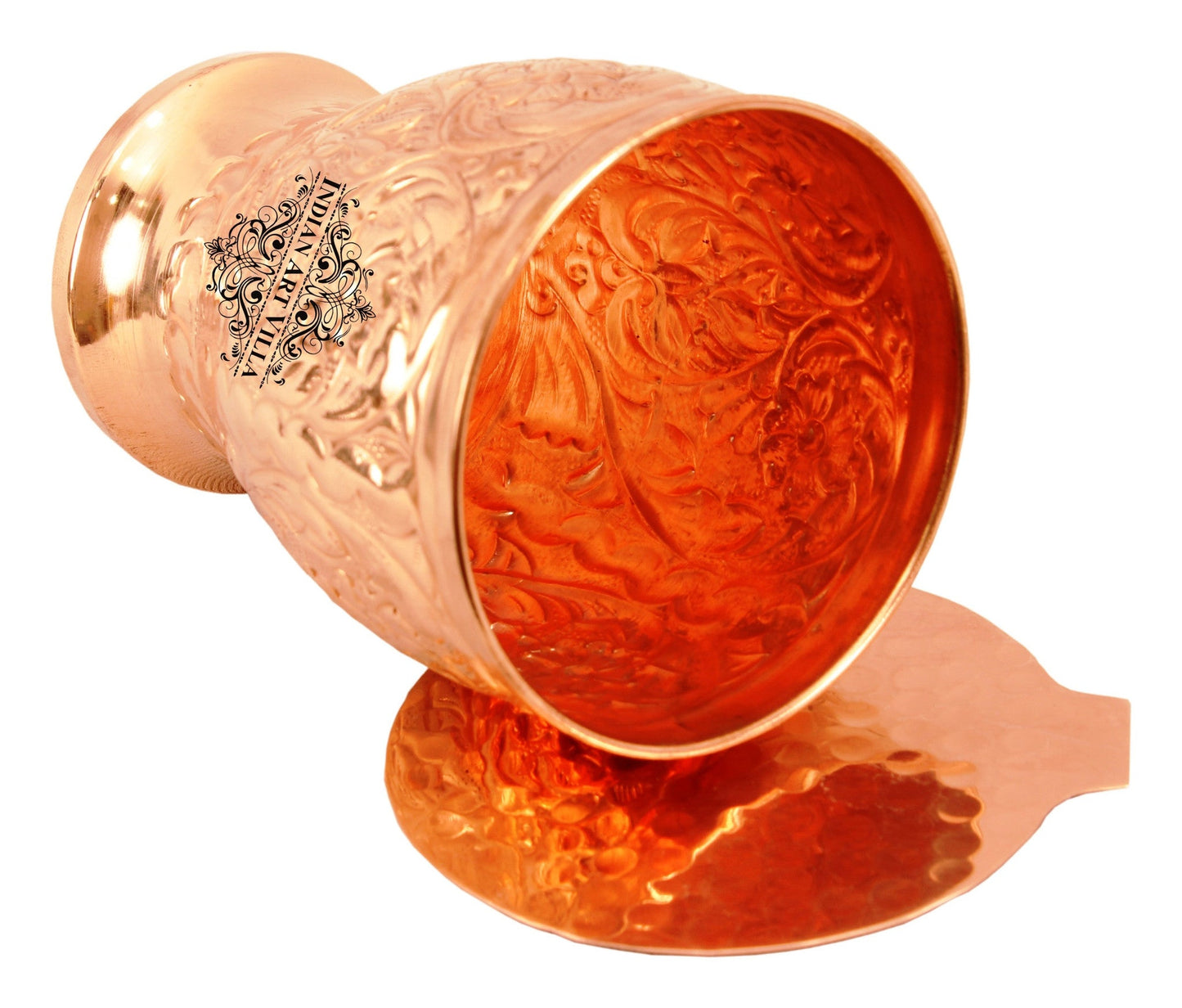 Copper Handmade Engraved Flower Design Glass with Coaster 350 ML