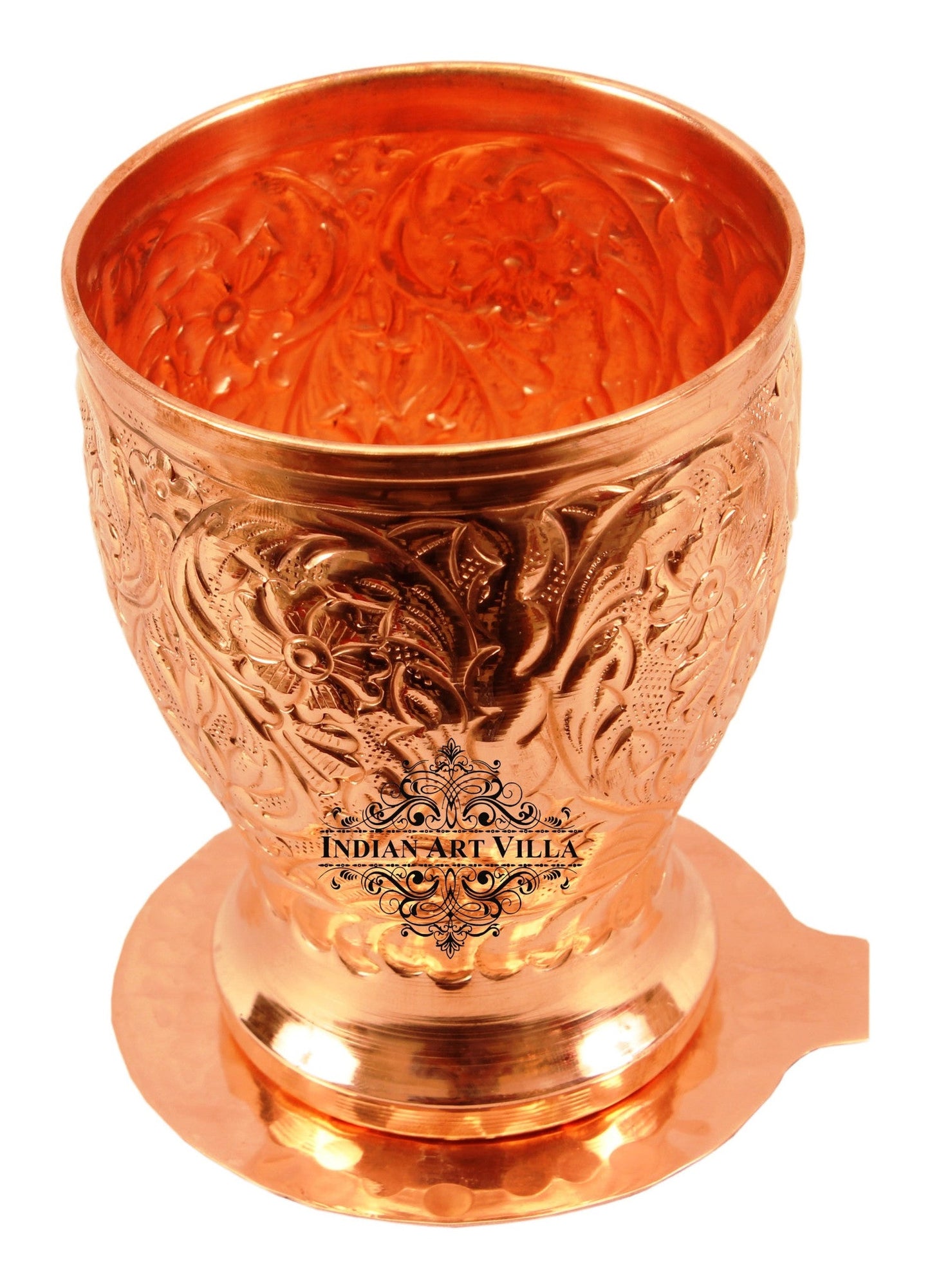 Copper Handmade Engraved Flower Design Glass with Coaster 350 ML