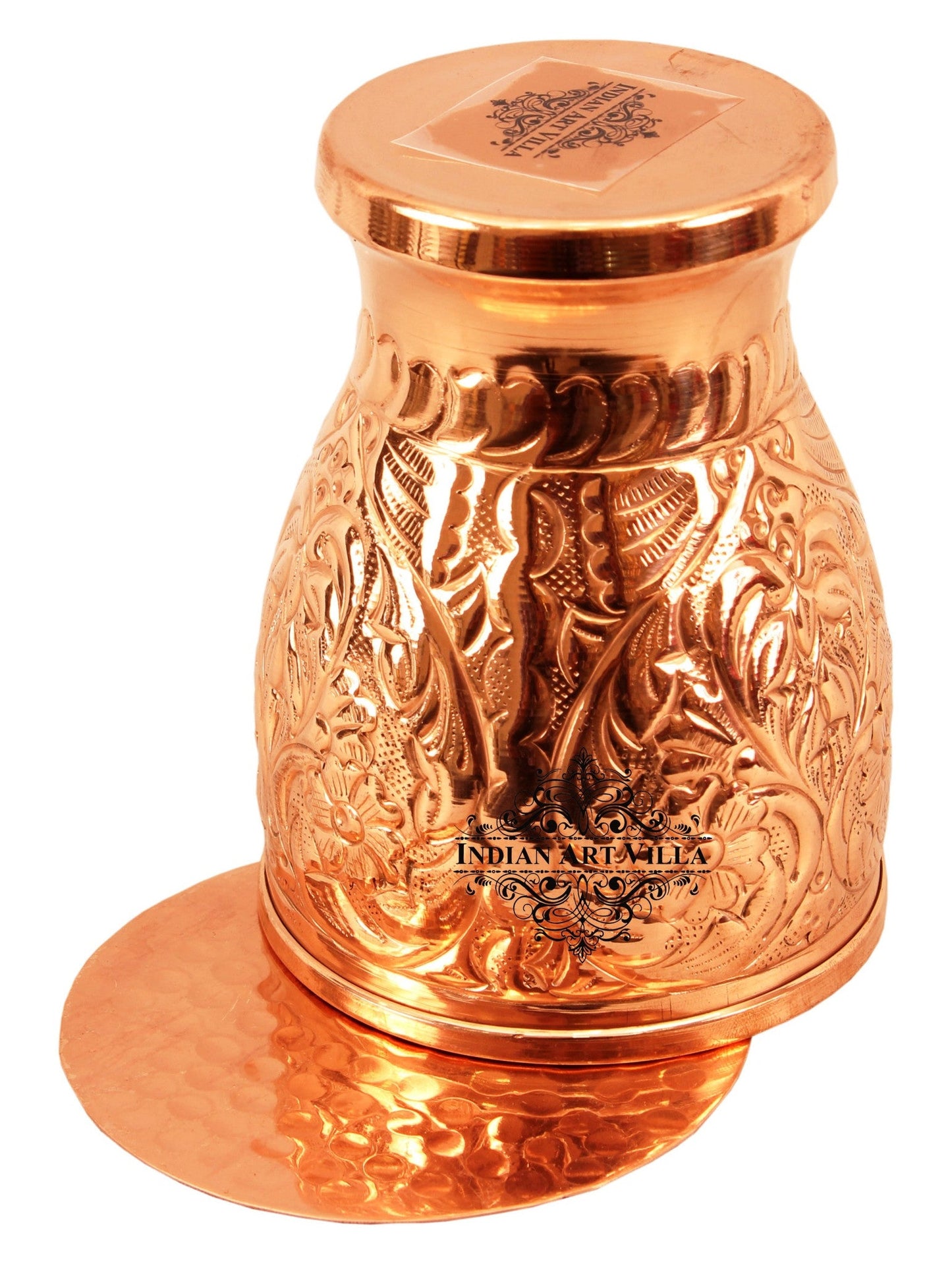 Copper Handmade Engraved Flower Design Glass with Coaster 350 ML