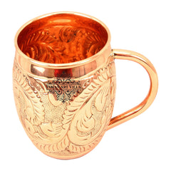 Pure Copper Round Shaped Flower Embossed Design Moscow Mule Beer Mug Cup, Volume-450ML