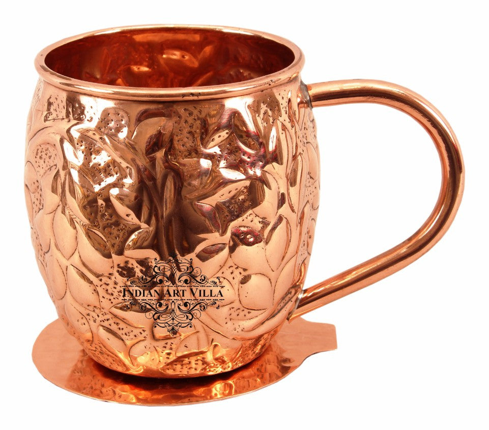 Pure Copper Flower Design Round Shape Beer Mug Cup with Coaster, 450ml