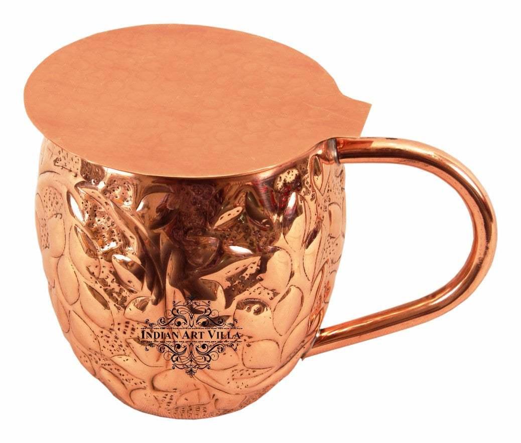 Pure Copper Flower Design Round Shape Beer Mug Cup with Coaster, 450ml