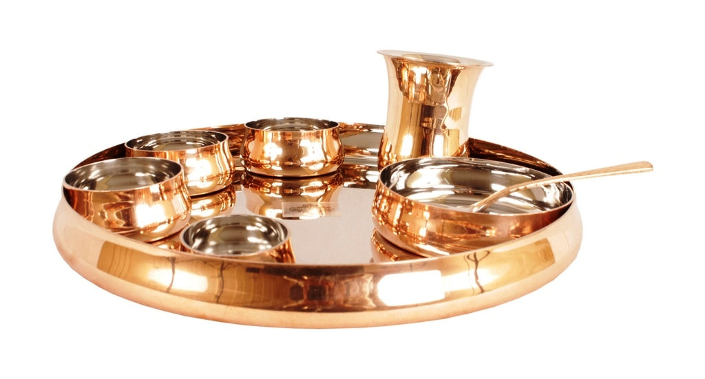 Steel Copper 9-Piece Curve Thali Set, Hammered Shine Finish- – Elegant Tableware for Traditional Dining, Perfect for Home, Restaurant, Special Occasions