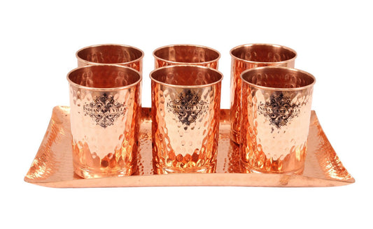 Pure Copper Hammered Glass with 1 Rectangular Serving Tray