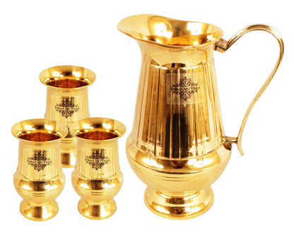 Pure Brass Vertical Lining Design Jug Pitcher with Glass, Drinkware, Serveware Combo