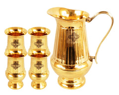 Pure Brass Vertical Lining Design Jug Pitcher with Glass, Drinkware, Serveware Combo