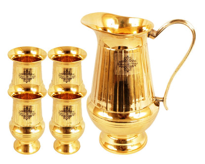 Pure Brass Vertical Lining Design Jug Pitcher with Glass, Drinkware, Serveware Combo