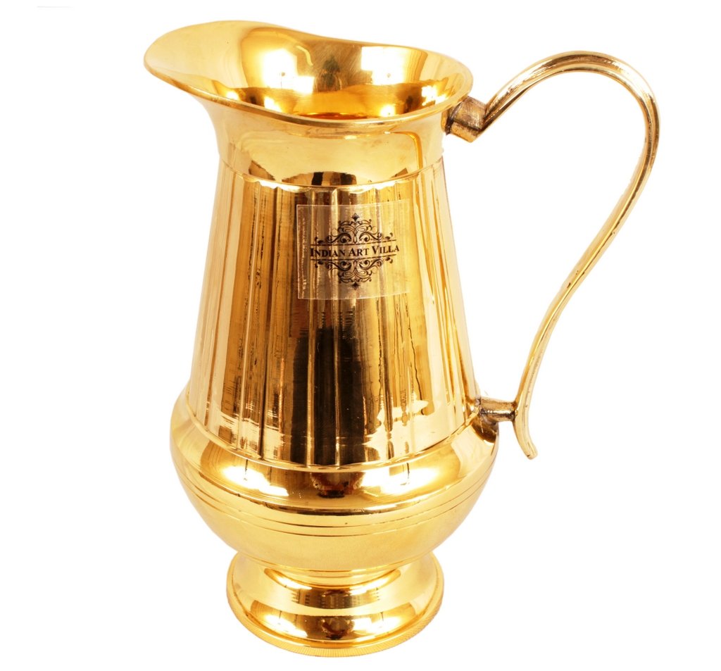 Pure Brass Vertical Lining Design Jug Pitcher with Glass, Drinkware, Serveware Combo