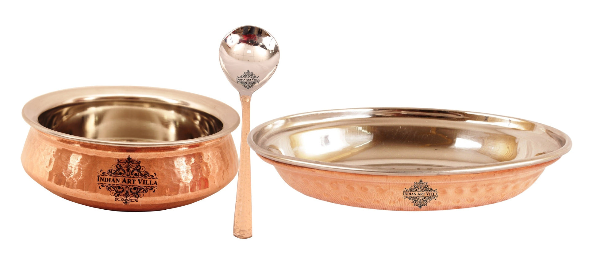 Handcrafted Pure Steel Copper Handi with Platter & Serving Spoon