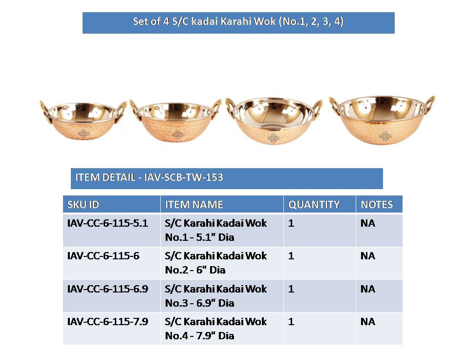 Pure Steel Copper Set of 4 Different Size Designer Kadai Wok Set