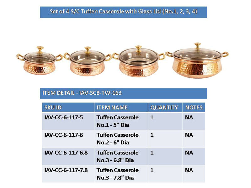 Steel Copper Set of 4 Casserole Donga with Glass Lid