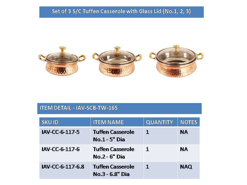 Steel Copper Set of 3 Casserole Donga with Glass Lid