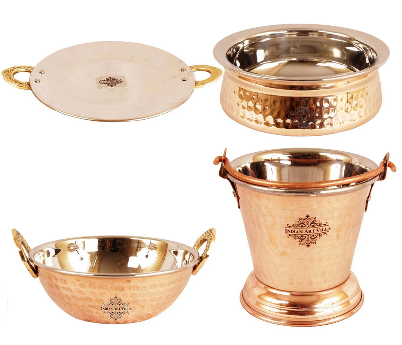 Handcrafted Pure Steel Copper Handi|Kadhai|Bucket &Tawa Serving Set