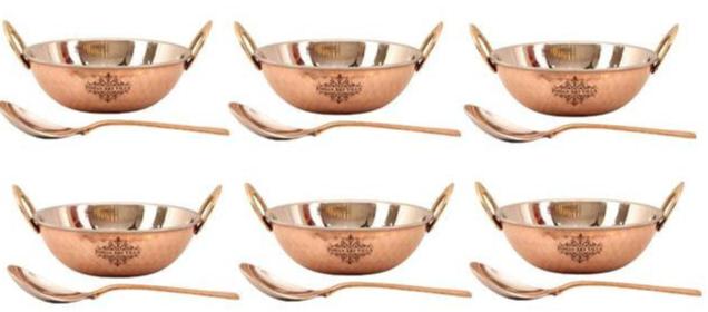 Pure Steel Copper Set of 6 Hammered Design Kadai Wok with Spoons