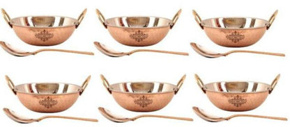 Pure Steel Copper Set of 6 Hammered Design Kadai Wok with Spoons
