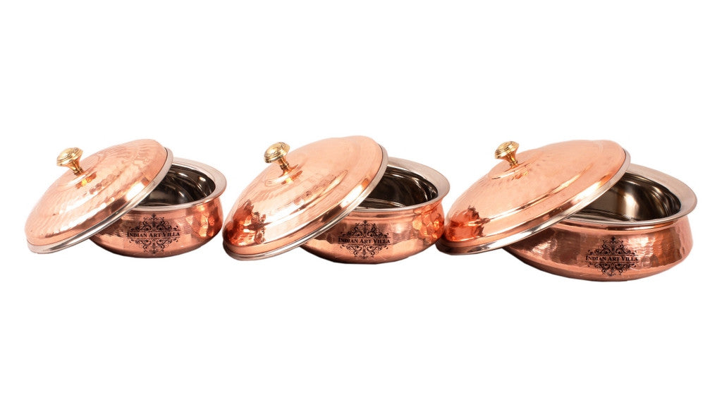 Handcrafted Pure Steel Copper Set of 3 Serving Handi with Lid