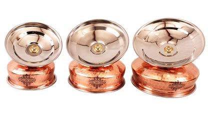 Handcrafted Pure Steel Copper Set of 3 Serving Handi with Lid