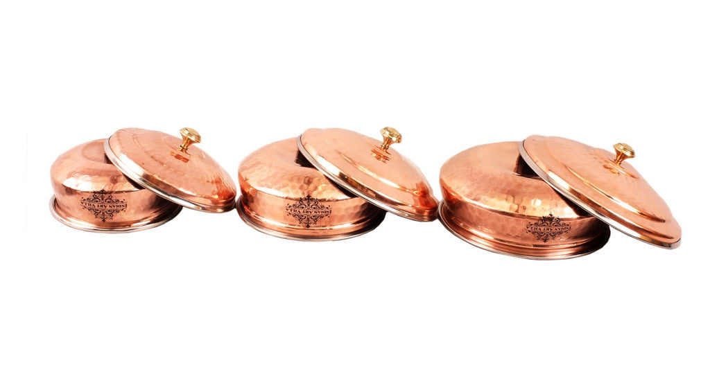Handcrafted Pure Steel Copper Set of 3 Serving Handi with Lid