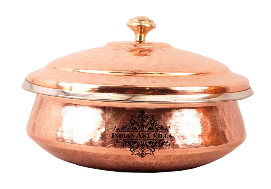 Handcrafted Pure Steel Copper Set of 3 Serving Handi with Lid