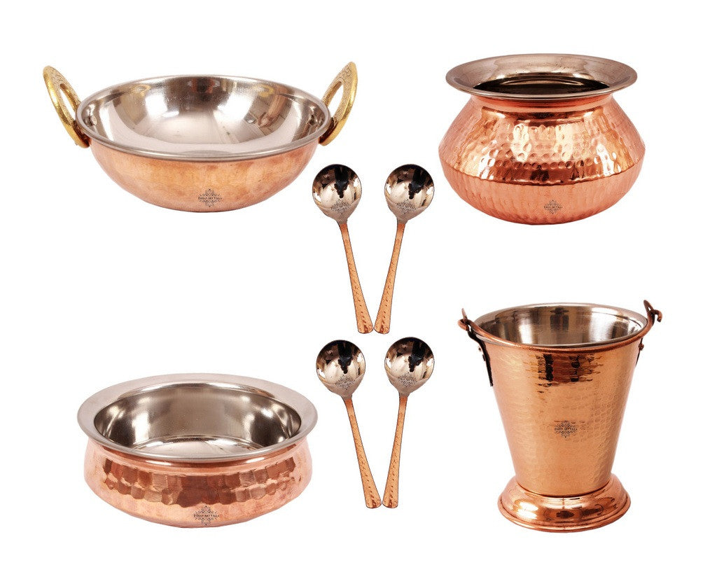 Handmade Pure Steel Copper Serving Set Bucket, Punjabi Handi, Kadai, Handi & 4 Spoons
