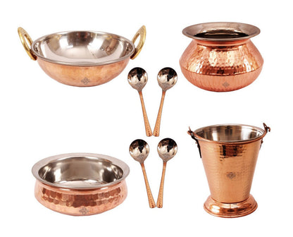 Handmade Pure Steel Copper Serving Set Bucket, Punjabi Handi, Kadai, Handi & 4 Spoons