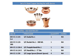 Handmade Pure Steel Copper Serving Set Bucket, Punjabi Handi, Kadai, Handi & 4 Spoons